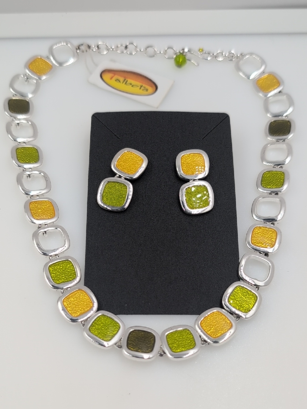 Talbots Lime Green & Sunshine Yellow Enamel Square Necklace and Stud Earrings